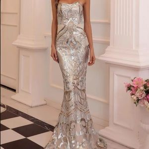 Stunning formal gown, nude with gold and silver sparkle